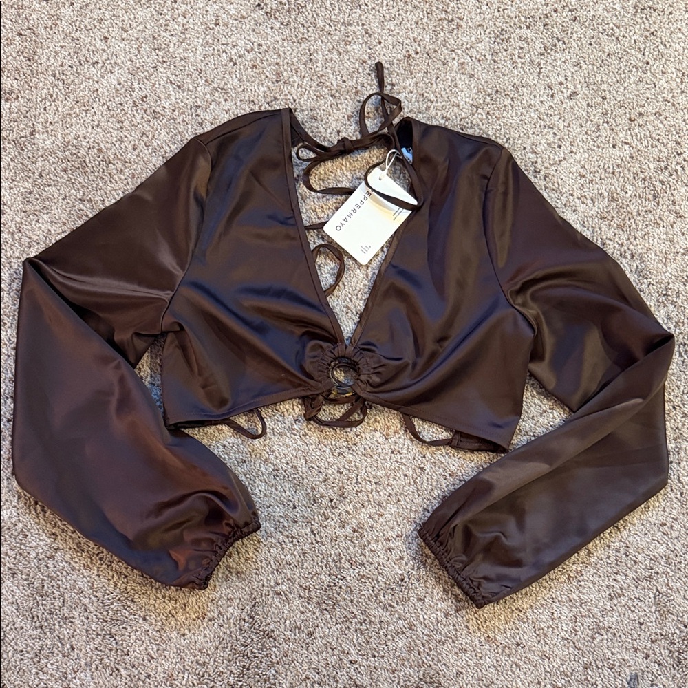 Peppermayo Chocolate Long Sleeve Musier Crop Top NWT